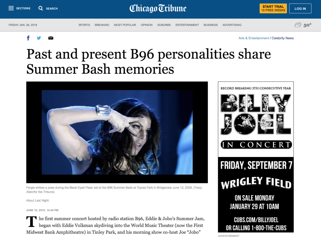 Chicago Tribune B96 Summer Bash Mention