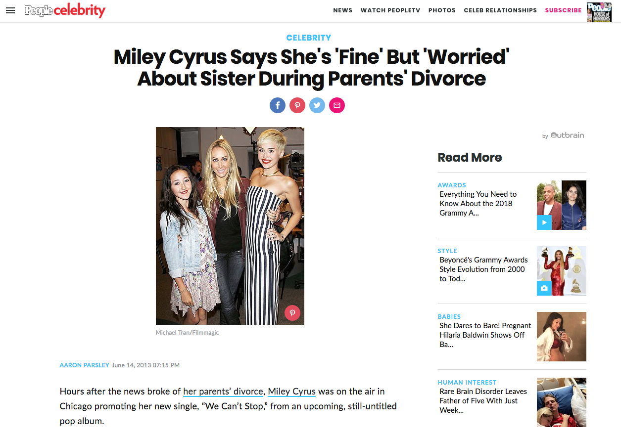 Shelly Interview About Miley Cyrus’ Parent’s Divorce Featured in People Magazine